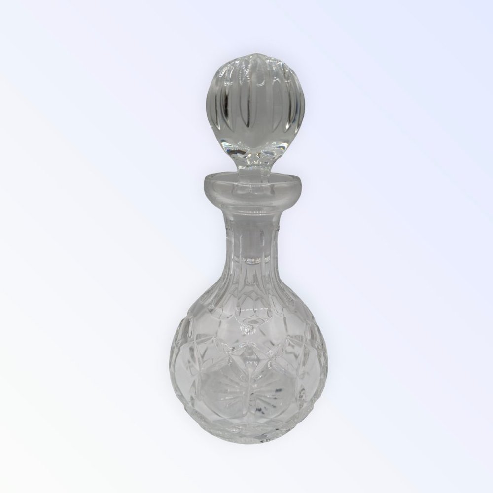 MCM Decanter Cut Glass H 8" Ribbed Round Starburst Pattern Crystal With Stopper